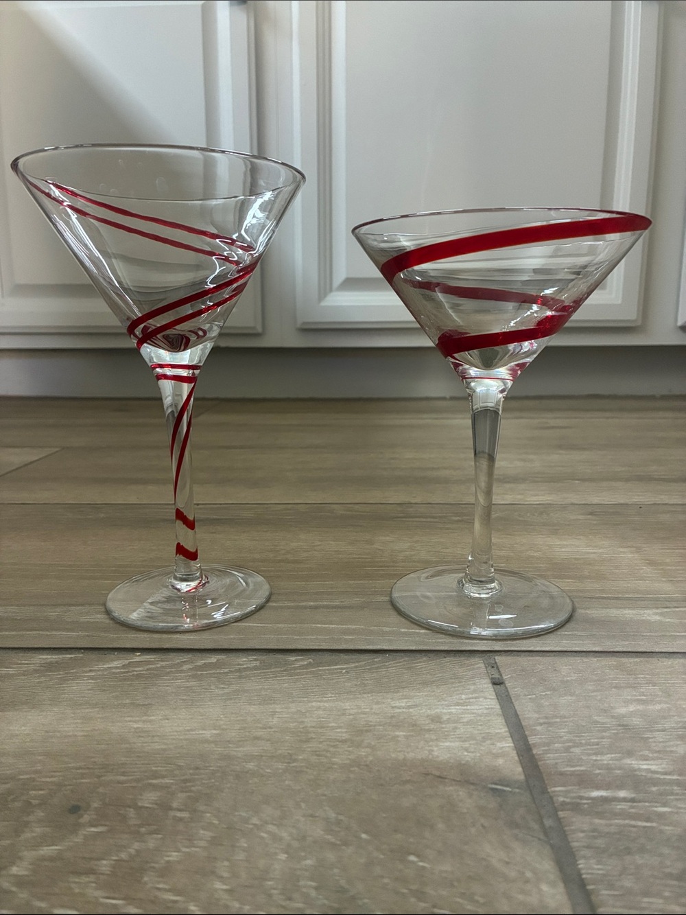 Pier 1 Clear Martini Glasses with Red Swirl (Set of 2)